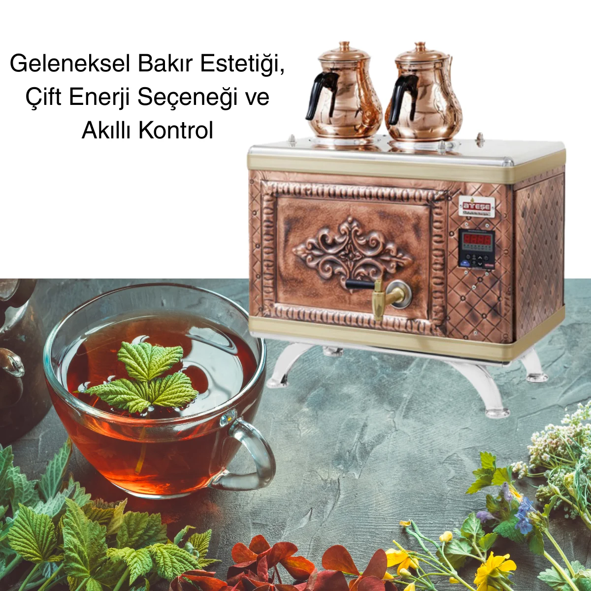 Compact Titanium Gaz & Elektrikli Bakır Çay Makinesi 2 Demlikli