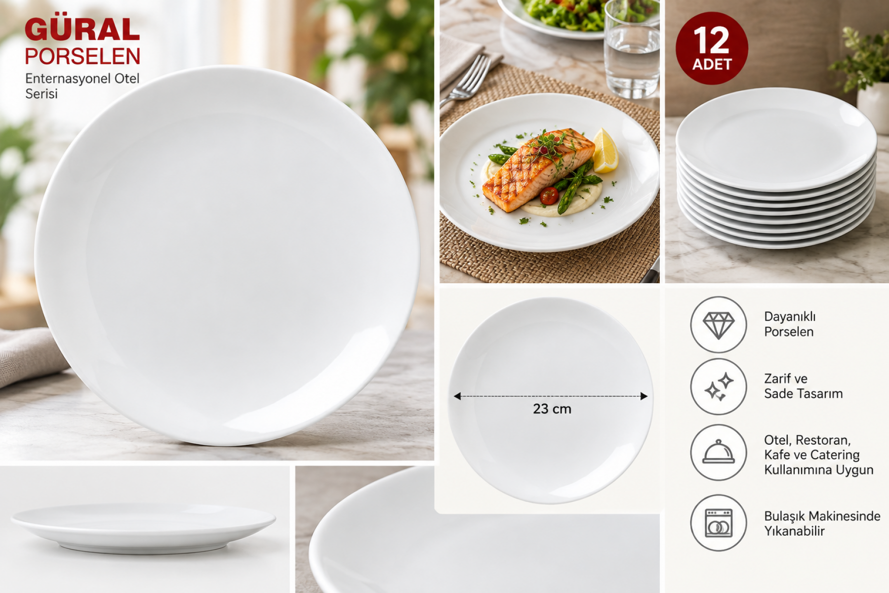 Güral Porselen 23 cm Düz Tabak 12'li - EO23DU00