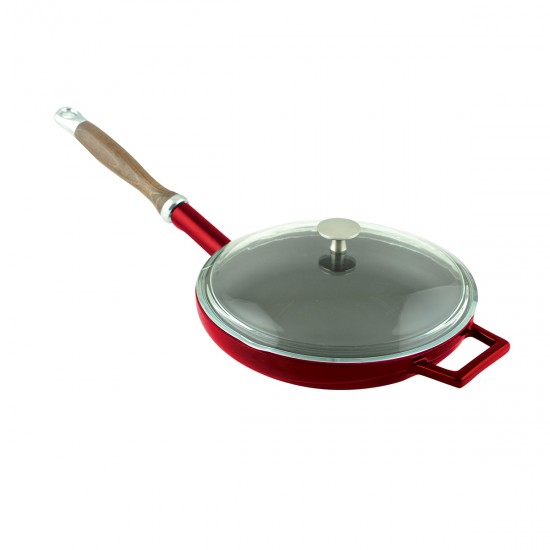 Lava Döküm Yuvarlak Kızartma Tavası Cam Kapaklı Döküm Demir ve Ahşap Saplı Çap(Ø)24cm ( LV Y TV 24 K3 ) Kırmızı