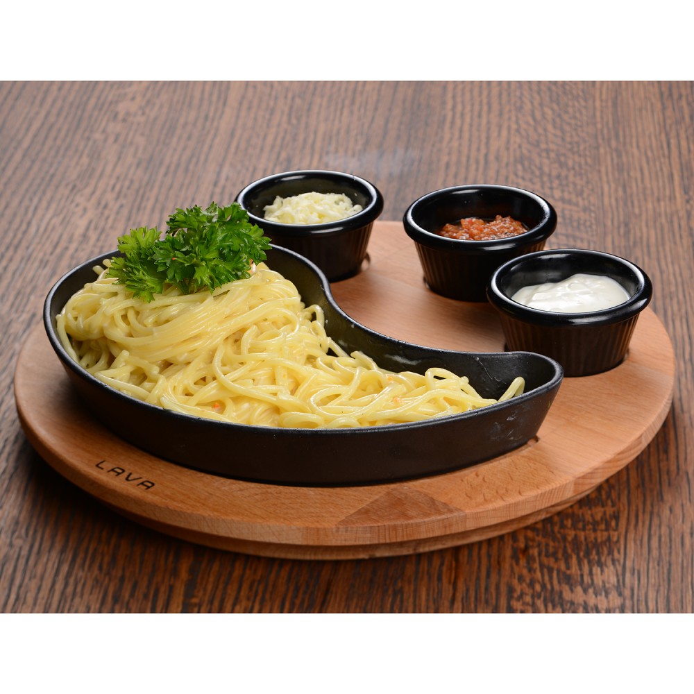 Lava Döküm Damla Formlu Yingyang Fajita Tabağı Kayın Servis Ahşabı 10x20cm. (Bu ürüne sos kapları dahil değildir) ( LV ECO FT D 1020 K4 )