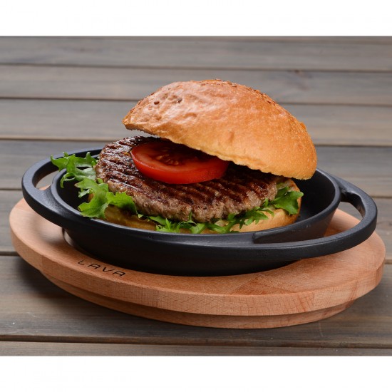 Lava Döküm Yuvarlak Kulplu Tava ve Ahşap Altlıklı. Çap(Ø)16cm. ( LV ECO Y TV 16 K4 )