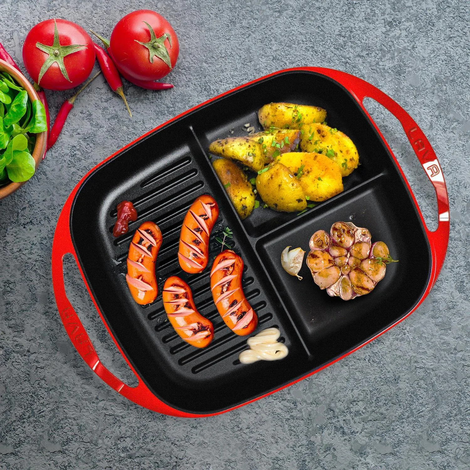 Lava Döküm 26*30 cm Dikdörtgen 3 Bölmeli Izgara Tava Döküm Demir Yekpare Çift Kulplu Kırmızı