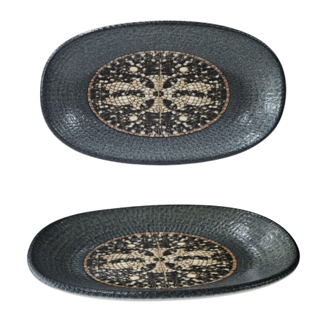 Bonna S-MT-MZPMAGRM19OKY Mezopotamya Mozaik Kahve Gourmet 200 cc Oval Kayık Tabak – 19 × 11 cm