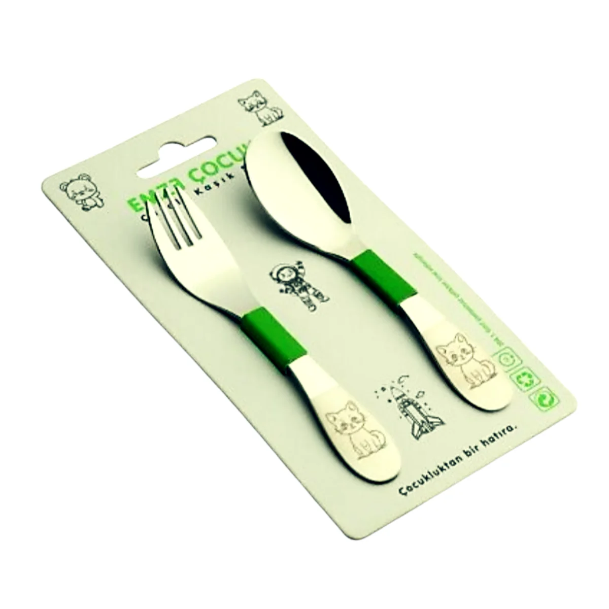 Emze 2'li Mama Çatal Kaşık Kedi Desenli