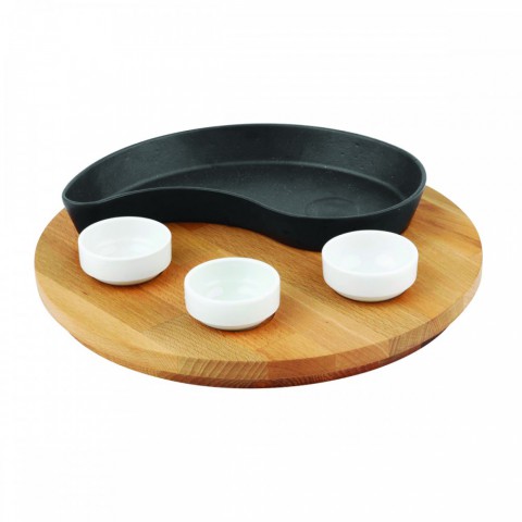 Lava Döküm Damla Formlu Yingyang Fajita Tabağı Kayın Servis Ahşabı 10x20cm. (Bu ürüne sos kapları dahil değildir) ( LV ECO FT D 1020 K4 )