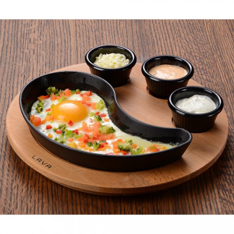 Lava Döküm Damla Formlu Yingyang Fajita Tabağı Kayın Servis Ahşabı 10x20cm. (Bu ürüne sos kapları dahil değildir) ( LV ECO FT D 1020 K4 )