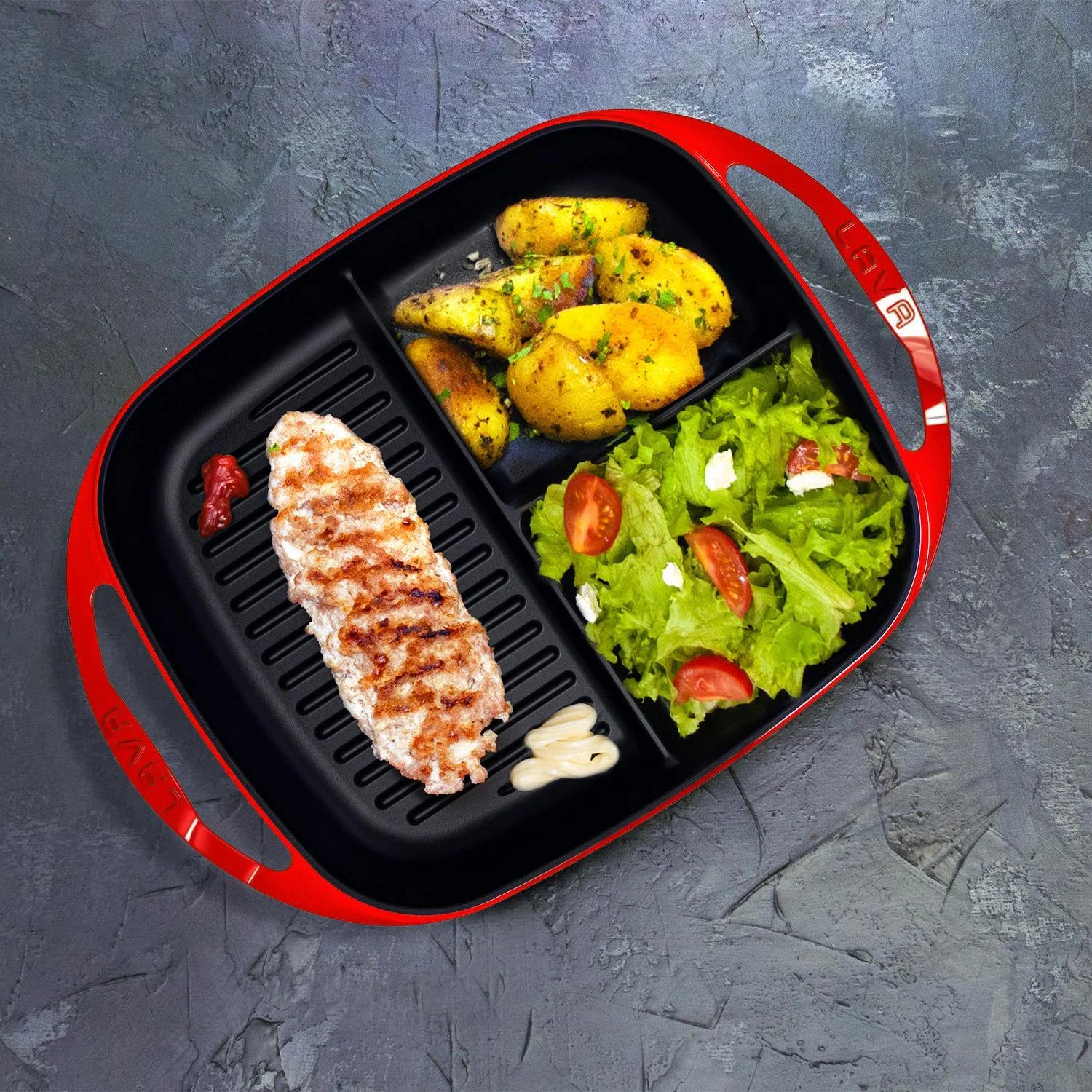 Lava Döküm 26*30 cm Dikdörtgen 3 Bölmeli Izgara Tava Döküm Demir Yekpare Çift Kulplu Lava Döküm 26*30 cm Dikdörtgen 3 Bölmeli Izgara Tava Döküm Demir Yekpare Çift Kulplu