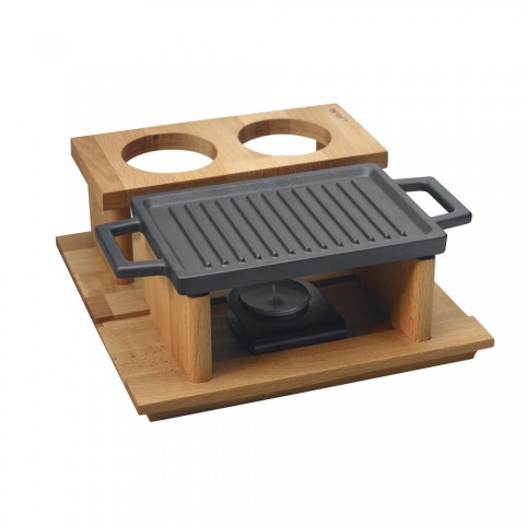 Lava Döküm Dikdörtgen Çift Yön Izgara ve Düz Yüzey Hot Plate Kayın Servis Ahşabı 22x15cm. ( LV ECO HP 2215 T13 K44 )