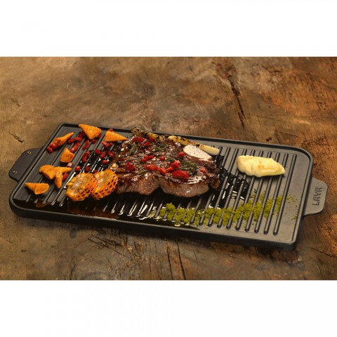 Lava Döküm Dikdörtgen Izgara Çift Yön Hot Plate Döküm Demir Yekpare Çift Kulplu 26x47cm. ( LV ECO GT 2647 T6 ) Siyah