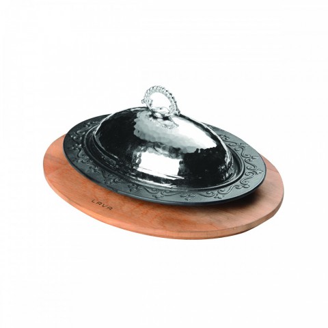 Lava Döküm Oval Döner, Kebap Tabağı ve Bakır Dövme Kapağı, Ahşap Altlıklı 28x20cm ( LV ECO O DNR 2820 K4 K8 )