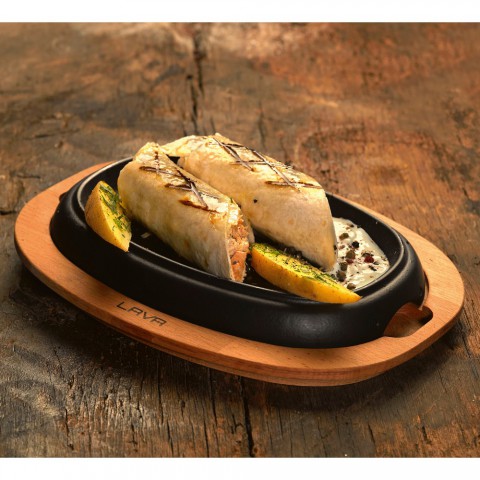 Lava Döküm Oval Fajita Tabağı Kayın Servis Ahşabı 12x19cm ( LV ECO HP 1219 T13 K4 )